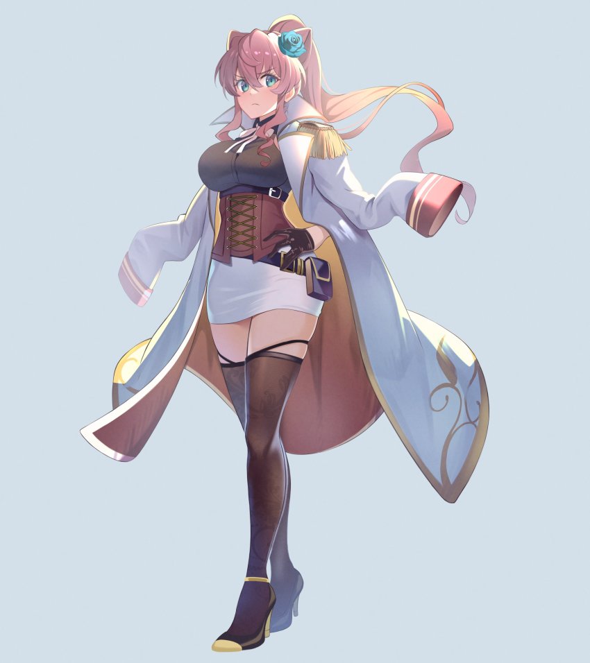 absurdres, blue_eyes, breasts, coat, coat_on_shoulders, corset, epaulettes, flower