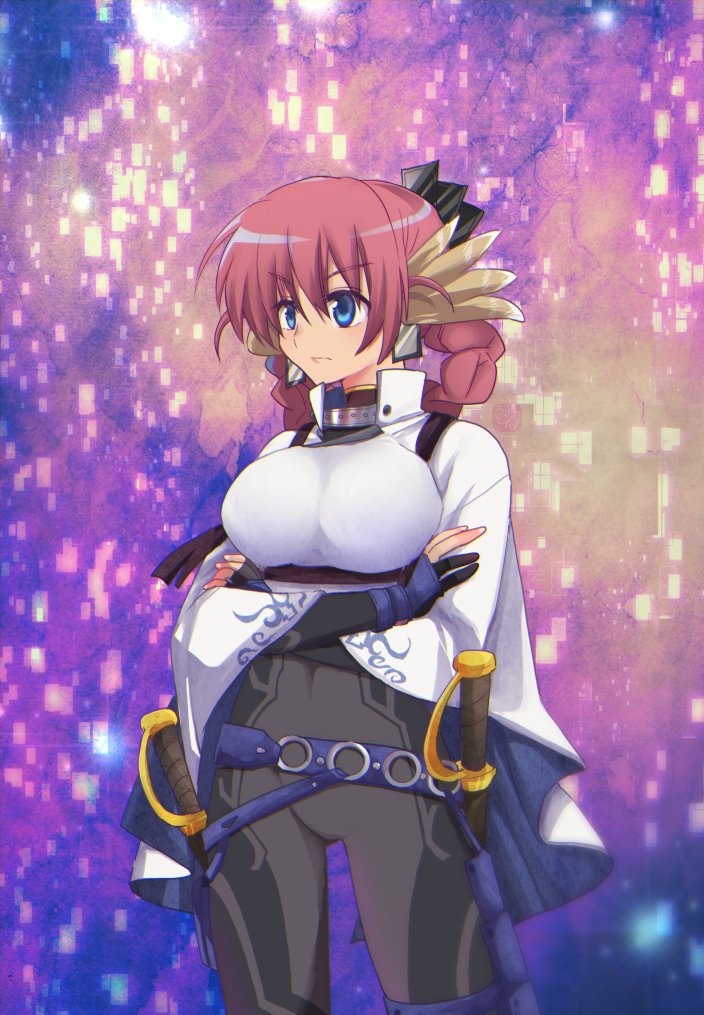 1girl, aiknwuriknru, ainu_clothes, animal_ears, aquaplus, arms_under_breasts, blue_eyes, bodysuit