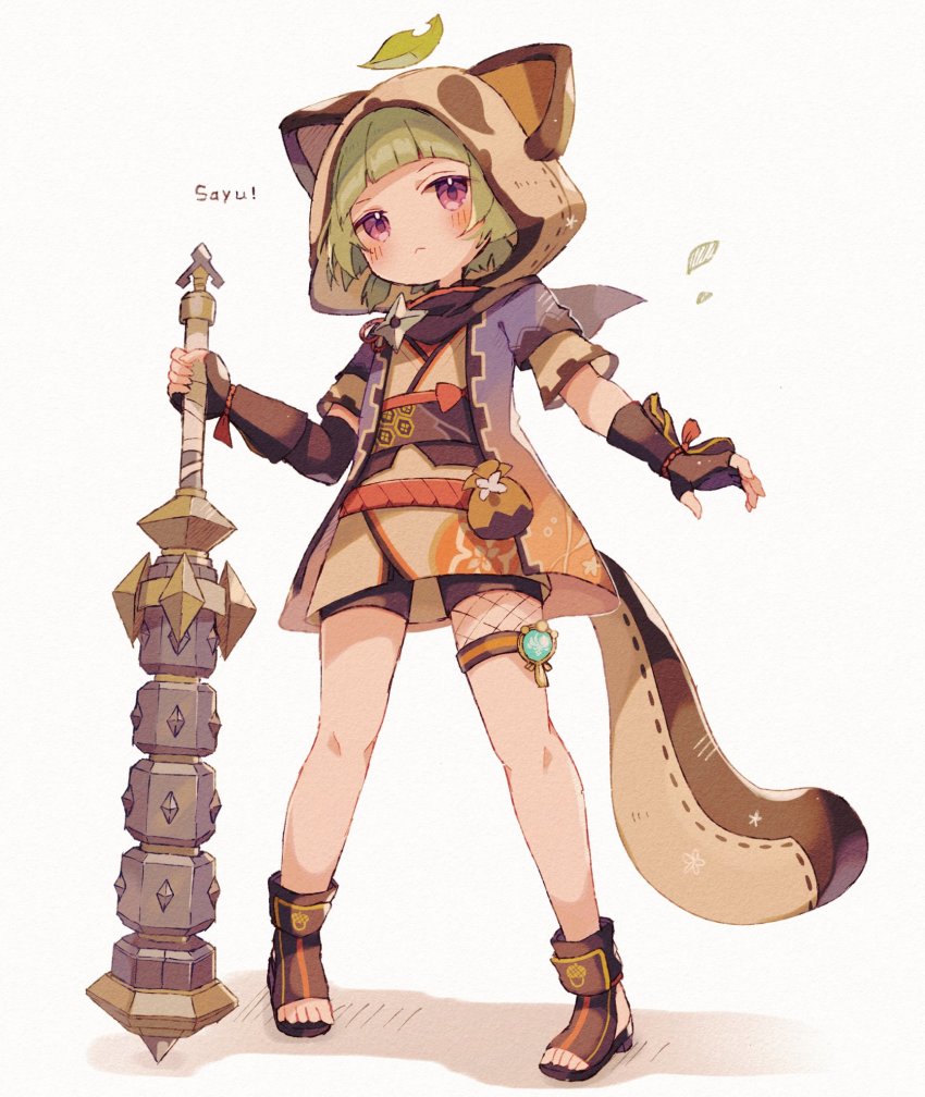 1girl, animal_ears, black_scarf, blunt_bangs, blush, character_name, closed_mouth, club_(weapon), fake_tail, fingerless_gloves, gauntlets, genshin_impact, gloves, green_hair, highres, holding, holding_club, holding_weapon, jacket, japanese_clothes, kimono, leaf, leaf_on_head, looking_at_viewer, mina_(sio0616), purple_eyes, raccoon_ears, raccoon_hood, raccoon_tail, sayu_(genshin_impact), scarf, short_hair, short_kimono, shuriken, solo, standing, tail, thigh_strap, toeless_footwear, weapon, white_background