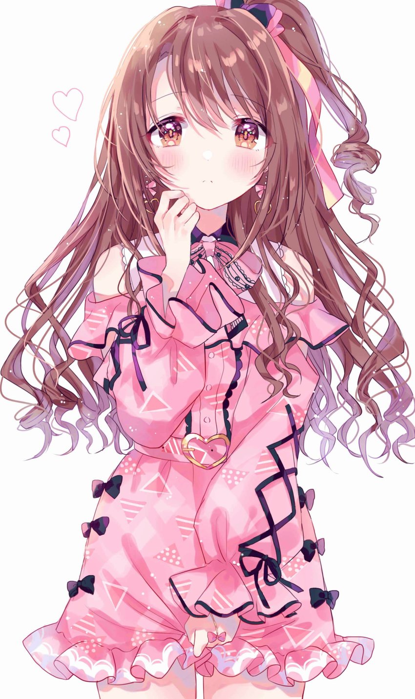 1girl, absurdres, blush, brown_hair, clothing_cutout, cowboy_shot, dress, earrings, expressionless, frilled_dress, frills, hanai_yuyu, heart, heart_earrings, highres, idol, idolmaster, idolmaster_cinderella_girls, jewelry, looking_at_viewer, one_side_up, pink_dress, shimamura_uzuki, shoulder_cutout, simple_background, solo, wavy_hair, white_background