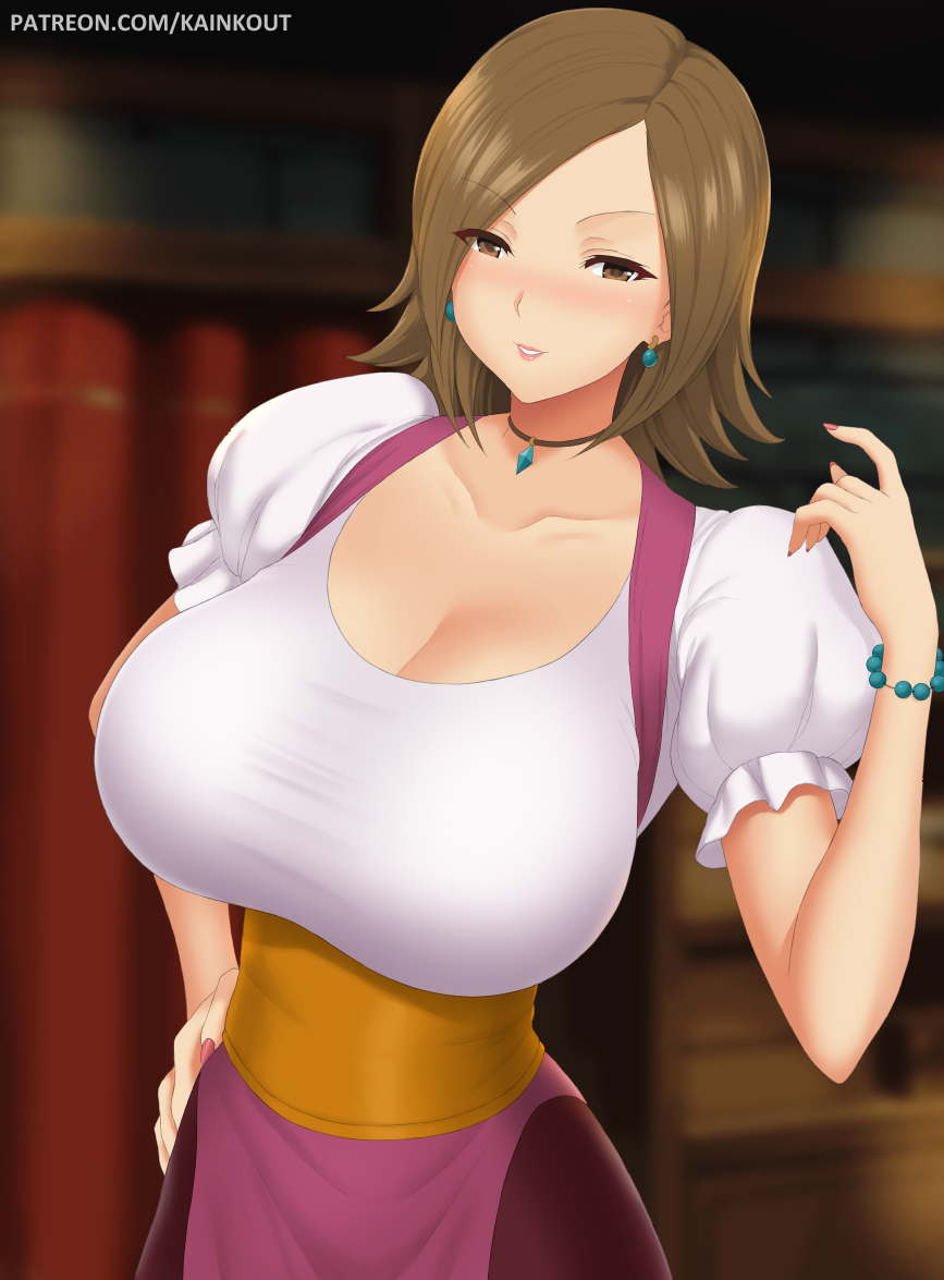 1girl, apron, blurry, blurry_background, blush, breasts, brown_eyes, character_request, cleavage, collarbone, commentary_request, cowboy_shot, earrings, falcom, frilled_sleeves, frills, hand_on_own_hip, hand_up, huge_breasts, jewelry, kainkout, leaning_to_the_side, looking_at_viewer, medium_hair, nail_polish, necklace, parted_bangs, parted_lips, patreon_username, puffy_short_sleeves, puffy_sleeves, purple_apron, purple_nails, sash, shiny_skin, shirt, short_sleeves, sidelocks, solo, white_shirt, ys, ys_iii:_wanderers_from_ys