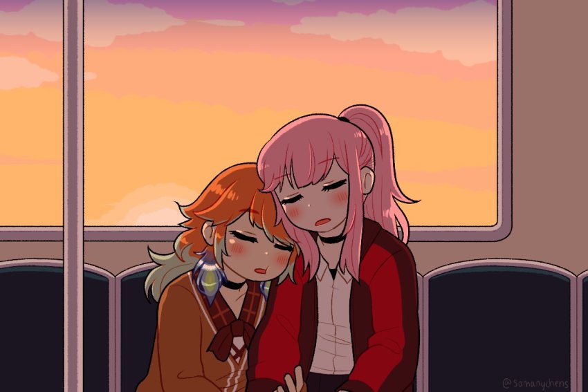 2girls, alternate_costume, chen_(somanychens), chibi, choker, couple, earrings, closed_eyes