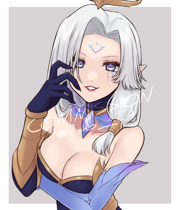 1girl, 7mb_yut, artist_name, bare_shoulders, border, breast_hold, breasts, cleavage, commentary, commission, dawnbringer_morgana, forehead, gem, hand_up, large_breasts, league_of_legends, looking_at_viewer, morgana_(league_of_legends), official_alternate_costume, parted_lips, pointy_ears, purple_eyes, red_lips, solo, strapless, teeth, two-tone_background, white_border, white_hair