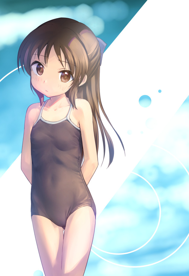 1girl, arms_behind_back, backlighting, black_one-piece_swimsuit, blue_background, blue_bow, bow, breasts, brown_eyes, closed_mouth, colored_eyelashes, competition_school_swimsuit, covered_navel, cowboy_shot, hair_bow, half_updo, head_tilt, idolmaster, idolmaster_cinderella_girls, kawaseki, legs_together, looking_at_viewer, one-piece_swimsuit, ponytail, school_swimsuit, small_breasts, solo, standing, swimsuit, tachibana_arisu, tareme, thigh_gap