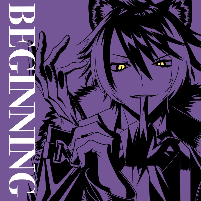 1boy, adjusting_clothes, adjusting_gloves, album_cover, animal_ear_fluff, animal_ears, black_hair, coat