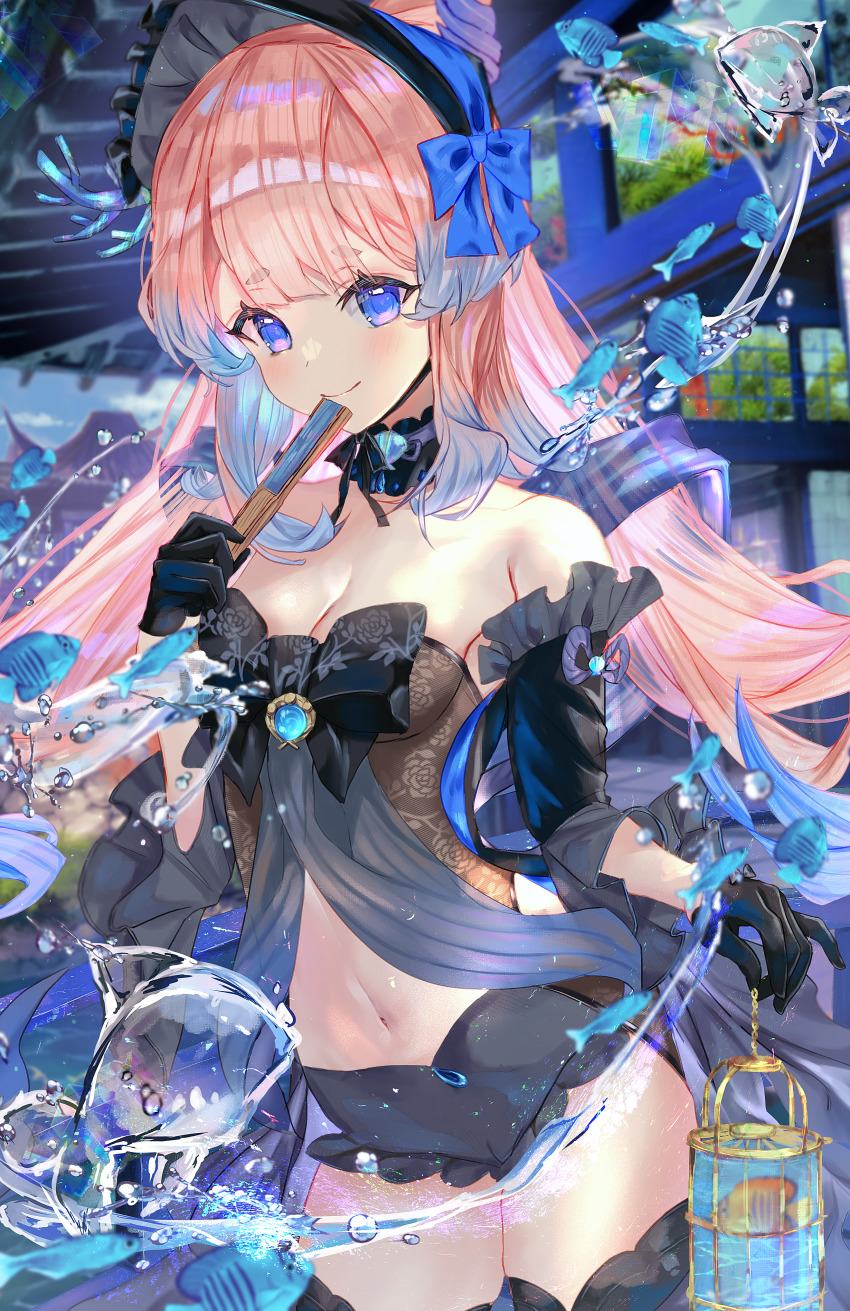 1girl, absurdres, adapted_costume, alternate_color, bad_id, bad_pixiv_id, bare_shoulders, black_bow