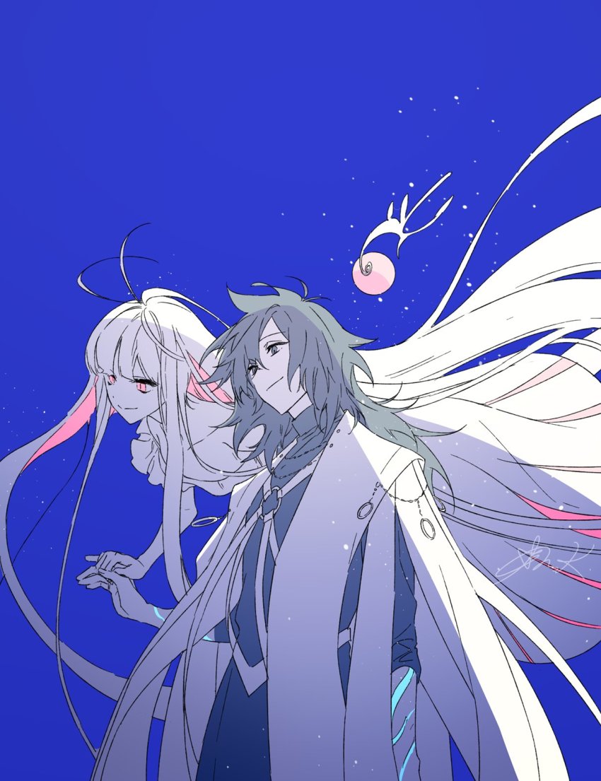 1boy, 1girl, alternate_hair_color, alternate_hairstyle, arm_tattoo, black_hair, blue_background, blue_shirt