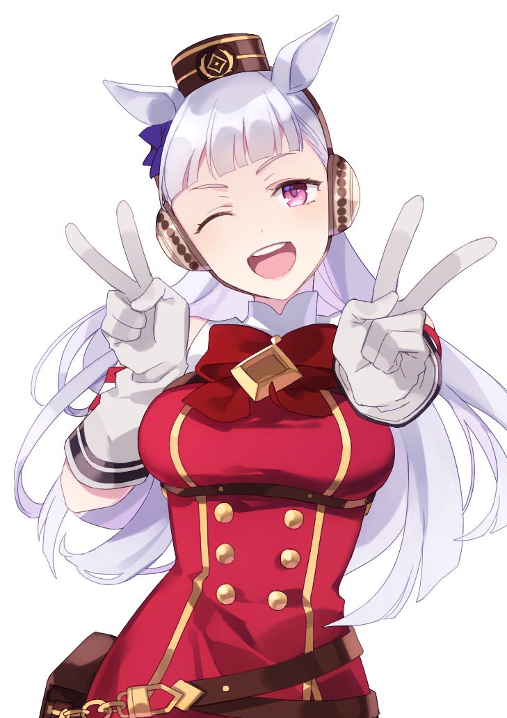 1girl, :d, animal_ears, bow, bowtie, breasts, double_v, gloves