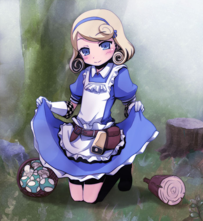 1girl, apron, atlus, basket, bell, belt, blonde_hair, blue_eyes, etrian_odyssey, farmer_(sekaiju), farmer_4_(sekaiju), female_focus, gloves, hairband, kneeling, mushroom, negija, sekaiju_no_meikyuu, sekaiju_no_meikyuu_3, solo