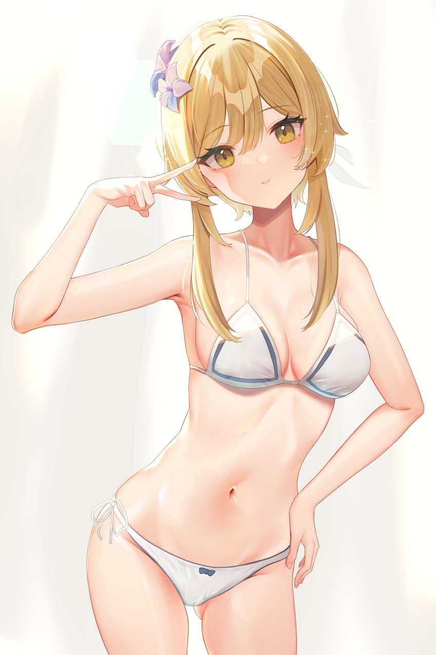 1girl, absurdres, amrita_(amber78gou), bare_shoulders, blonde_hair, blush, bow, bow_panties