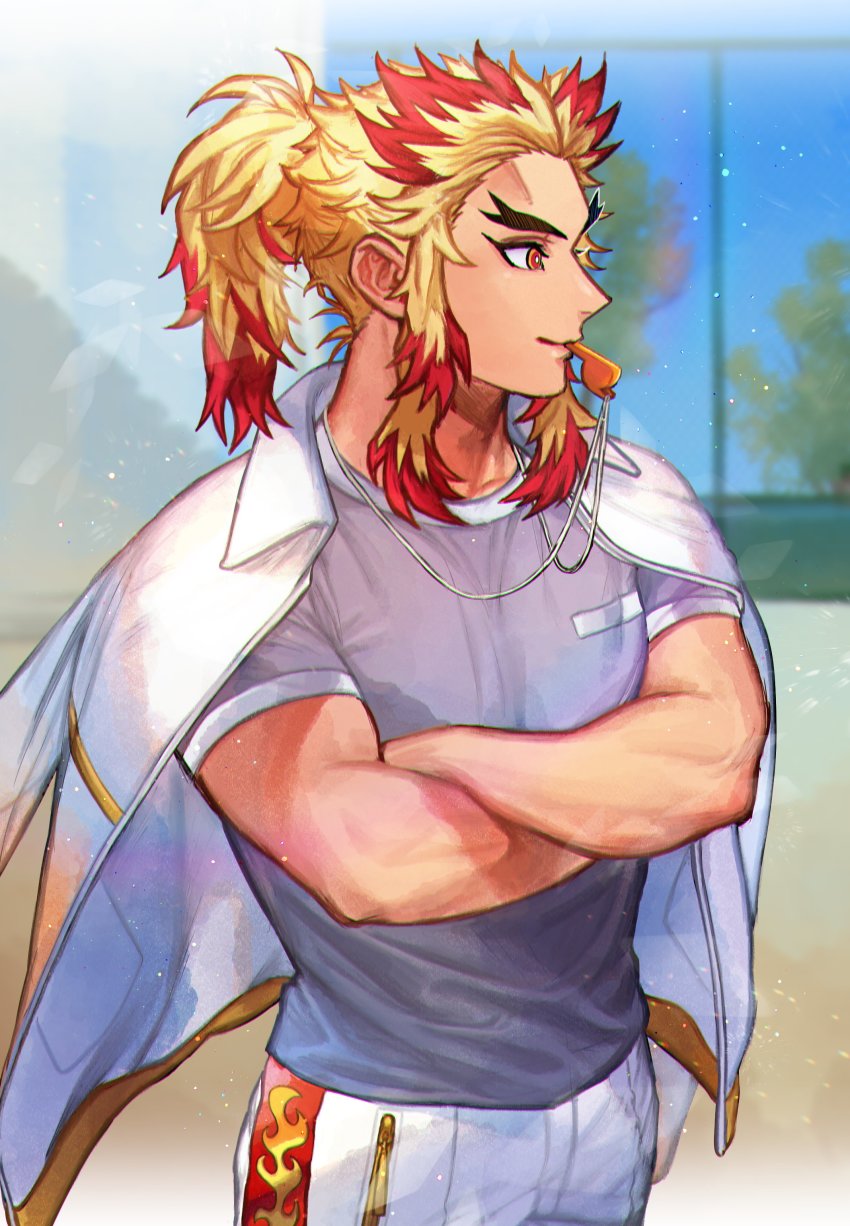 330armeria, absurdres, blonde_hair, crossed_arms, highres, kimetsu_no_yaiba, multicolored_hair, orange_eyes