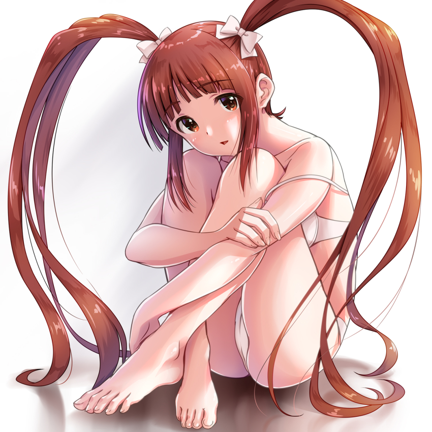 1girl, 920-k, bare_arms, bare_legs, bare_shoulders, barefoot, bikini, blunt_bangs, bow, brown_eyes, brown_hair, collarbone, commentary_request, crossed_ankles, feet, fingernails, full_body, gradient_background, grey_background, hair_bow, hand_on_own_arm, head_tilt, highres, idolmaster, idolmaster_million_live!, knees_to_chest, knees_up, long_hair, looking_at_viewer, matsuda_arisa, parted_lips, reflective_floor, sidelocks, sitting, solo, strap_slip, swimsuit, toenails, toes, twintails, very_long_hair, white_background, white_bikini, white_bow