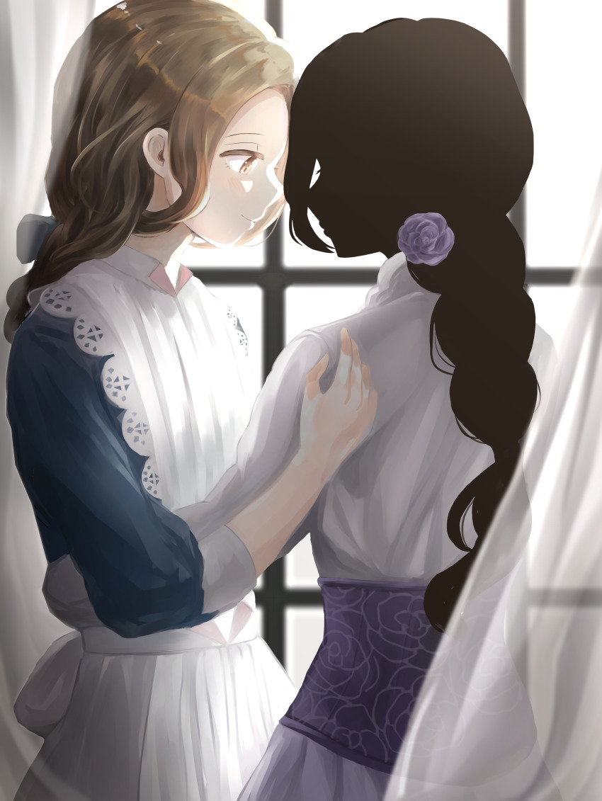 2girls, absurdres, apron, blue_dress, blue_ribbon, braid, brown_eyes, closed_mouth, commentary_request, dress, flower, forehead, hair_flower, hair_ornament, hair_ribbon, hand_on_another's_shoulder, hand_up, highres, long_braid, long_hair, looking_at_another, maryrose_(shadows_house), multiple_girls, purple_dress, resolution_mismatch, ribbon, rosemary_(shadows_house), shadow_(shadows_house), shadows_house, single_braid, three-quarter_sleeves, smile, source_smaller, upper_body, wen_(nukumaruyutaka), white_apron, yuri