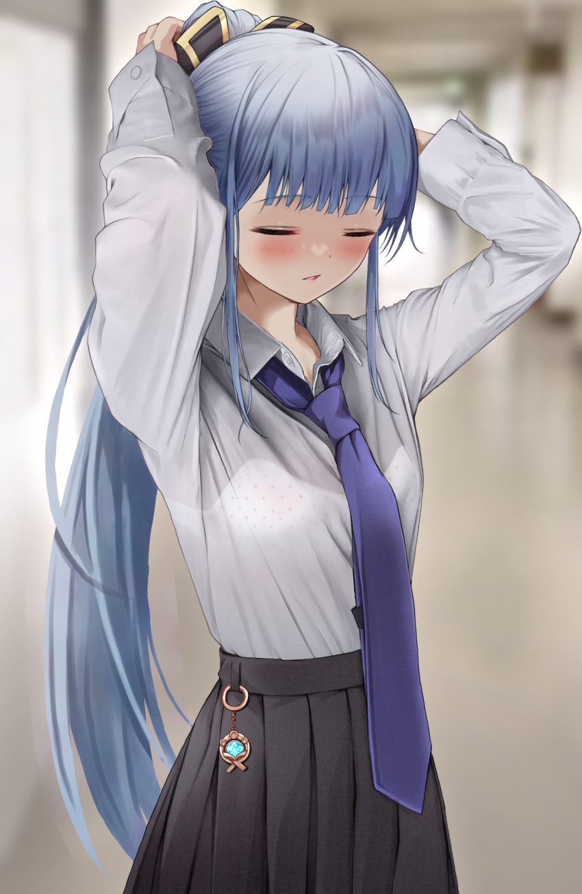 1girl, adjusting_hair, arms_up, ayaka_(genshin_impact), blue_hair, blue_necktie, blunt_bangs, blush, bra, bra_visible_through_clothes, bralines, breasts, collared_shirt, genshin_impact, highres, long_hair, long_sleeves, necktie, pleated_skirt, polka_dot, polka_dot_bra, ponytail, school_uniform, see-through_clothes, see-through_shirt, shirt, sidelocks, sigmart03, skirt, solo, underwear, upper_body, vision_(genshin_impact), wet, wet_clothes, wet_shirt