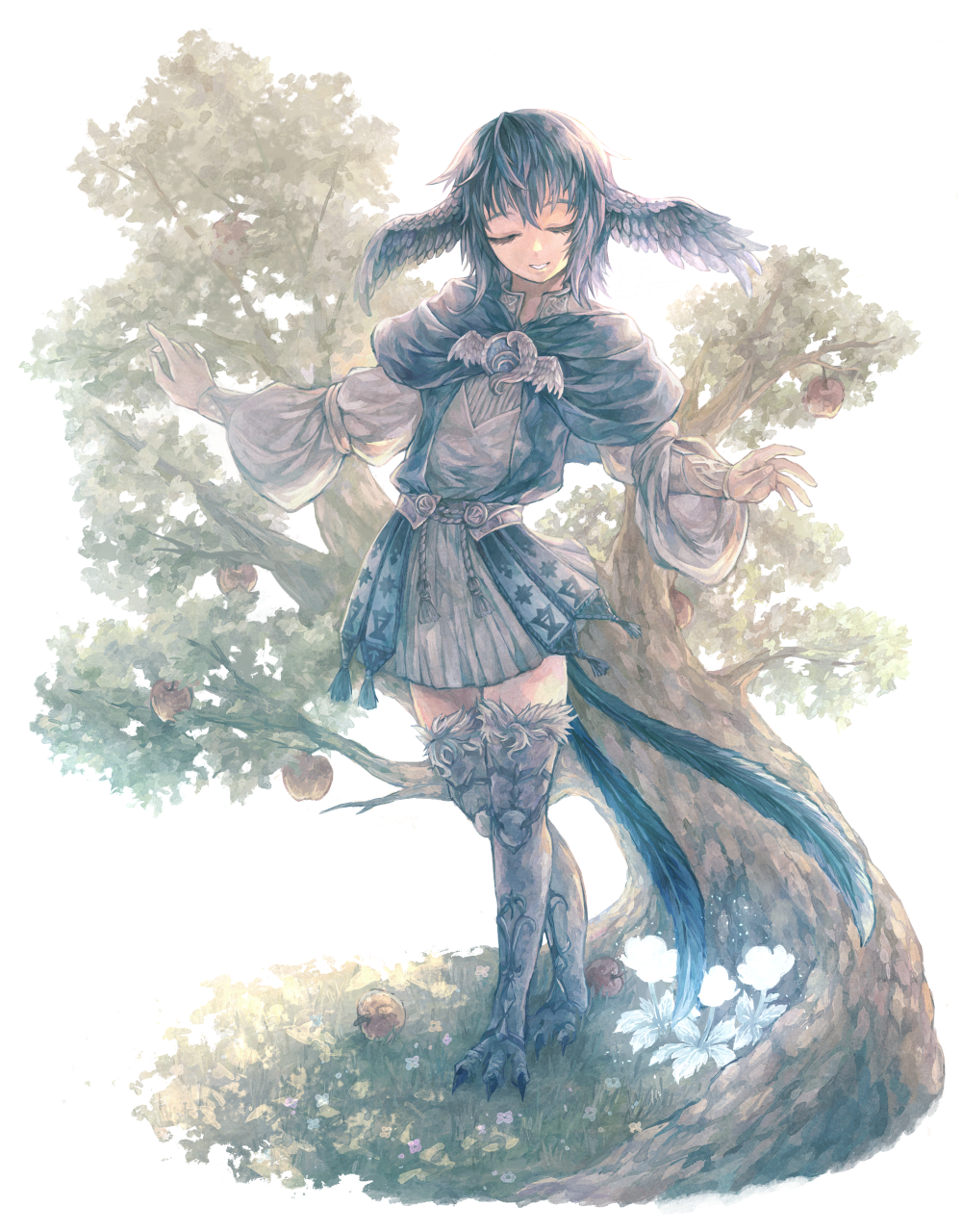 1girl, apple_tree, bird_girl, bird_legs, bird_tail, bird_wings, blue_capelet, blue_hair