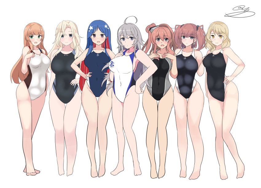 6+girls, absurdres, ahoge, atlanta_(kancolle), blonde_hair, blue_eyes, colorado_(kancolle), competition_swimsuit