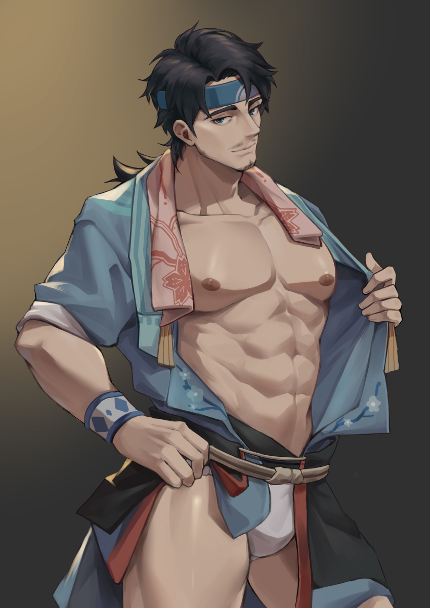 1boy, abs, absurdres, aussummer, bara, bare_pectorals, black_hair, blue_eyes