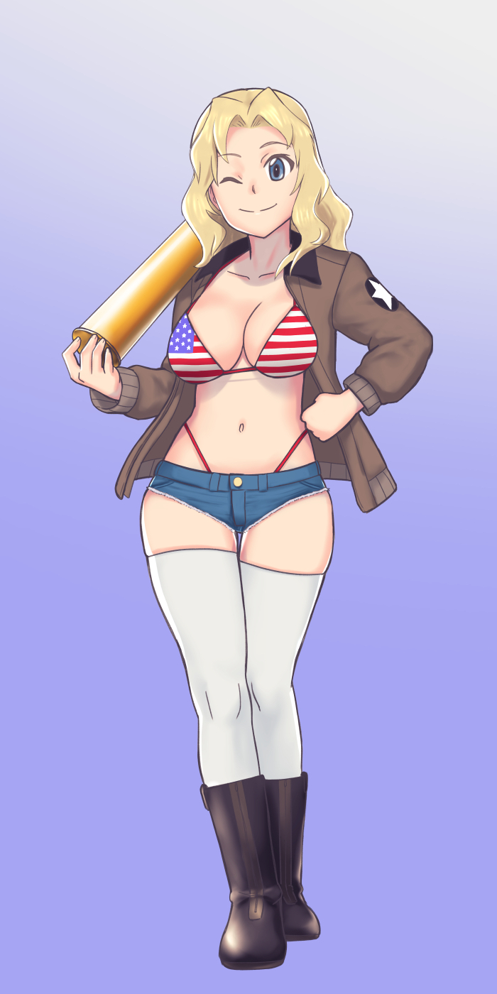 1girl, american_flag, american_flag_bikini, american_flag_print, ammunition, bikini, bikini_under_clothes, black_boots
