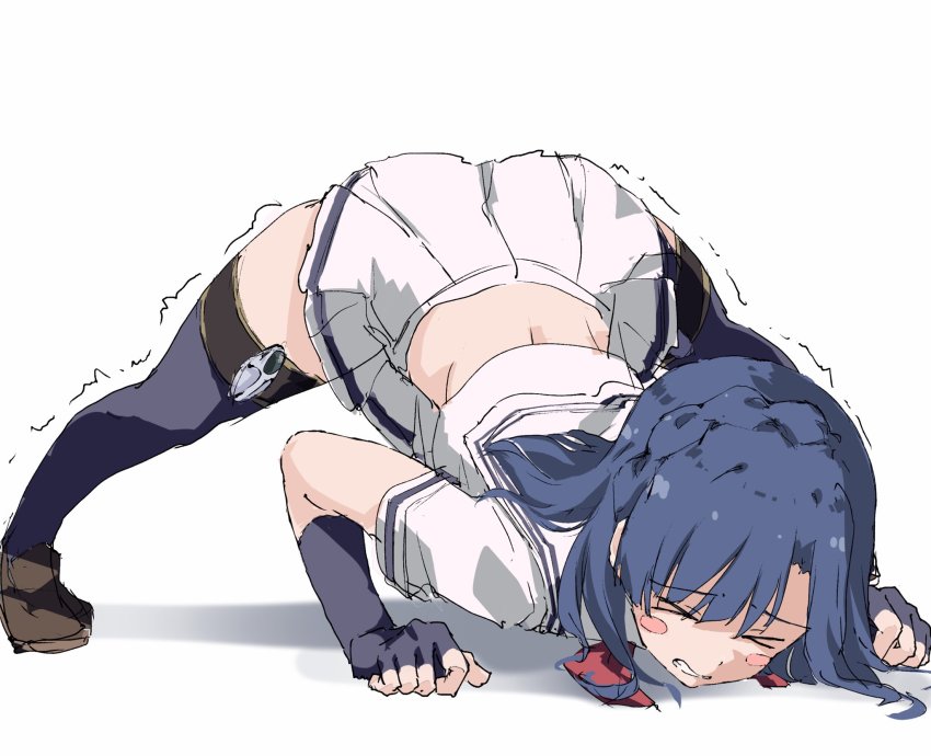 >_<, black_gloves, black_thighhighs, blue_hair, blush_stickers, braid, brown_shoes, clenched_teeth