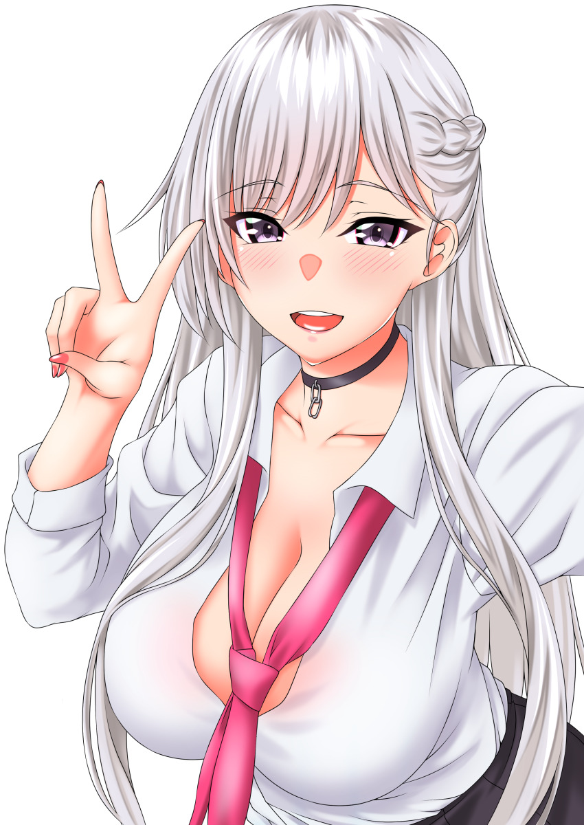 1girl, absurdres, alternate_costume, azur_lane, belfast_(azur_lane), black_skirt, braid, breasts, cleavage, collared_shirt, gachishizyou, gyaru, half_up_braid, highres, kogal, large_breasts, long_hair, looking_at_viewer, loose_necktie, miniskirt, necktie, partially_unbuttoned, pink_necktie, purple_eyes, reaching, reaching_towards_viewer, school_uniform, selfie, shirt, simple_background, skirt, solo, upper_body, v, white_background, white_hair, white_shirt
