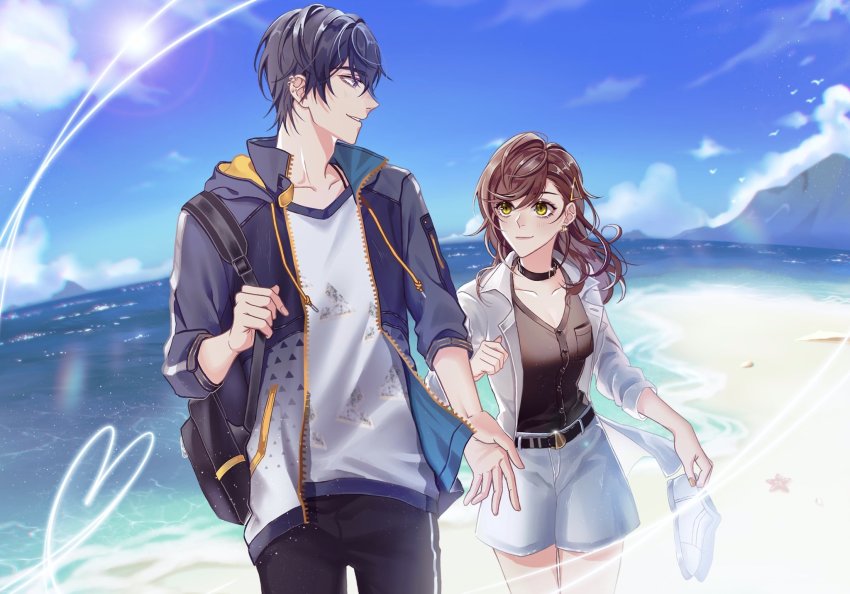 1boy, 1girl, beach, belt, black_choker, black_shirt, blue_jacket, blue_shorts