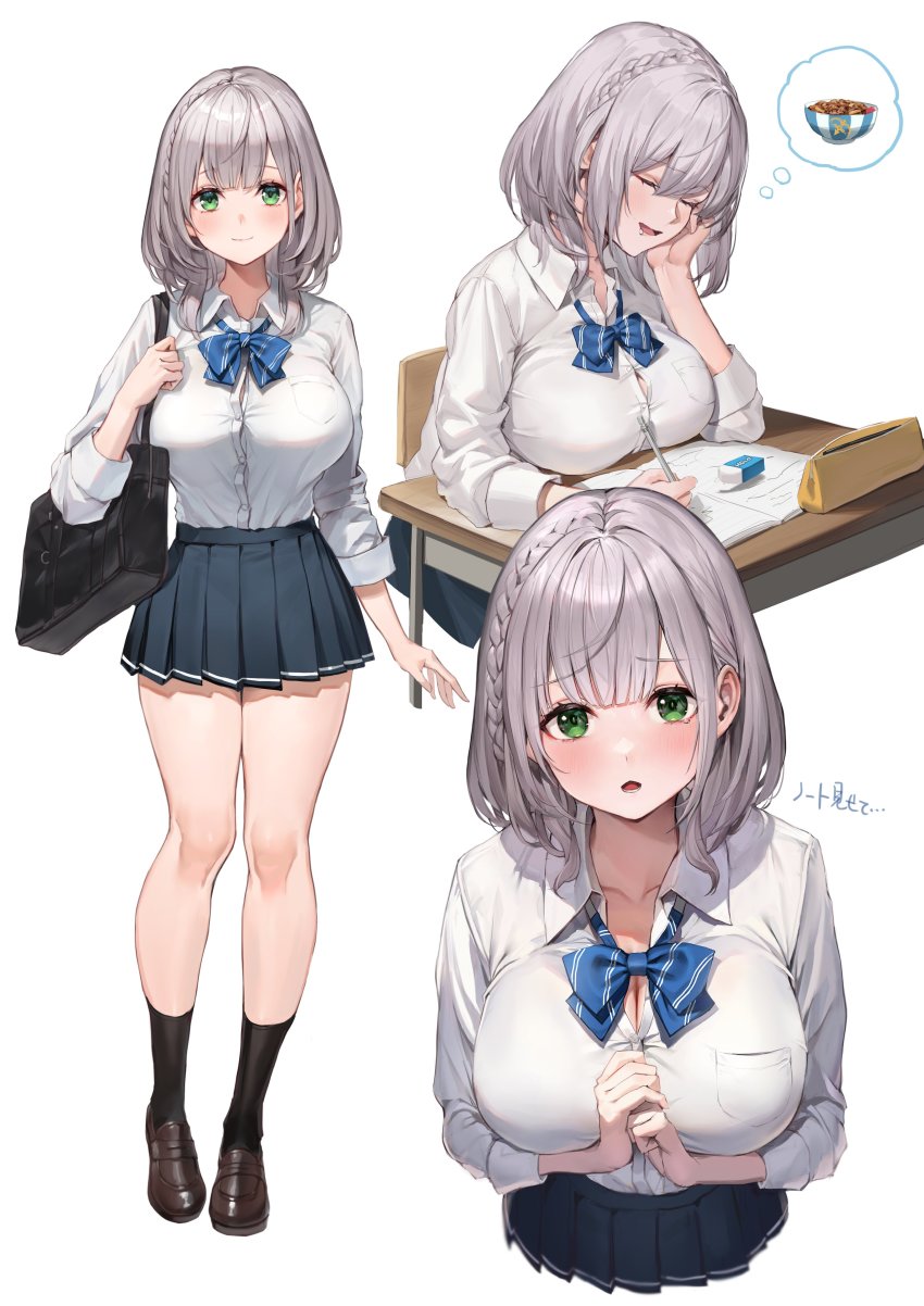 1girl, absurdres, bag, black_socks, blush, braid, breast_pocket, breast_rest