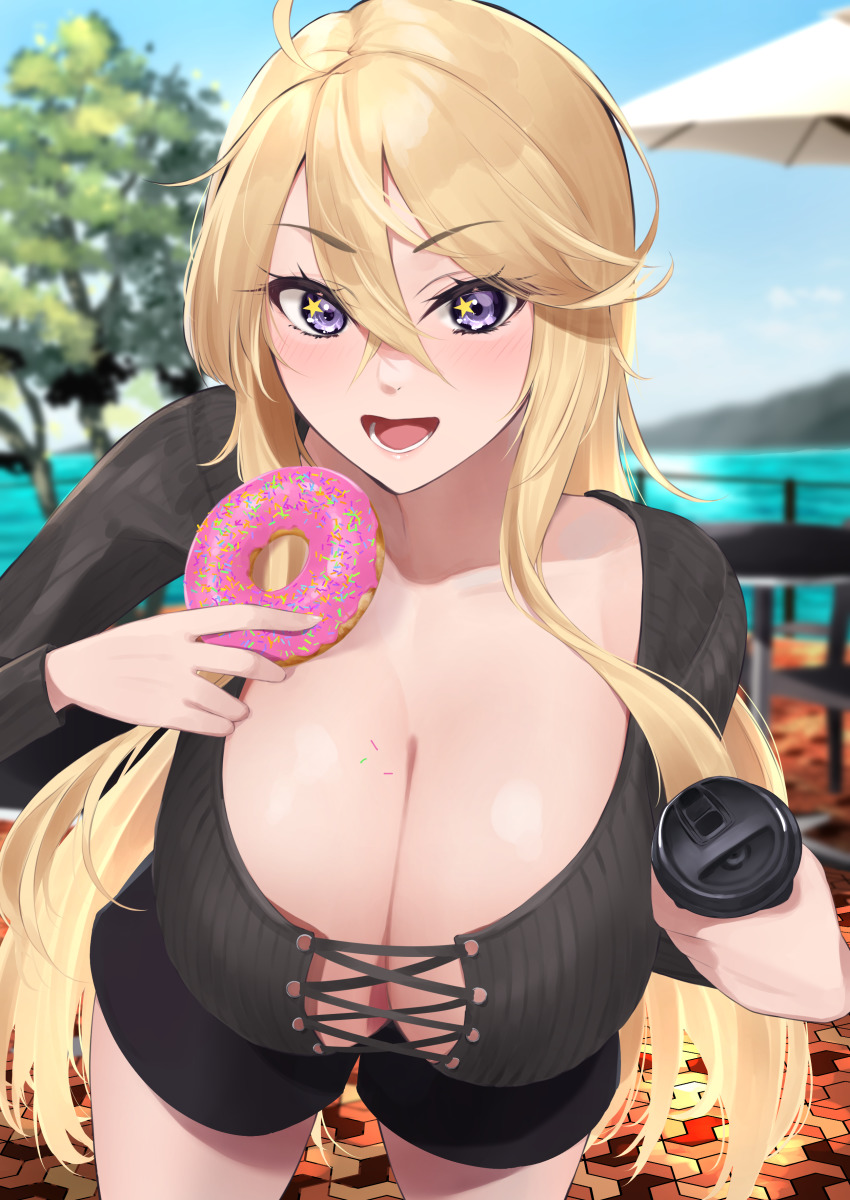 1girl, absurdres, ahoge, black_shorts, black_sweater, blonde_hair, blue_eyes, blurry, blurry_background, breasts, chair, cleavage, crossed_bangs, cup, disposable_cup, donut, food, hair_between_eyes, hanging_breasts, highres, holding, holding_cup, holding_food, huge_breasts, iowa_(kancolle), kantai_collection, leaning_forward, long_hair, looking_at_viewer, open_mouth, rinrin_kai, short_shorts, shorts, star-shaped_pupils, star_(symbol), sweater, symbol-shaped_pupils, table, tree, umbrella, very_long_hair, water