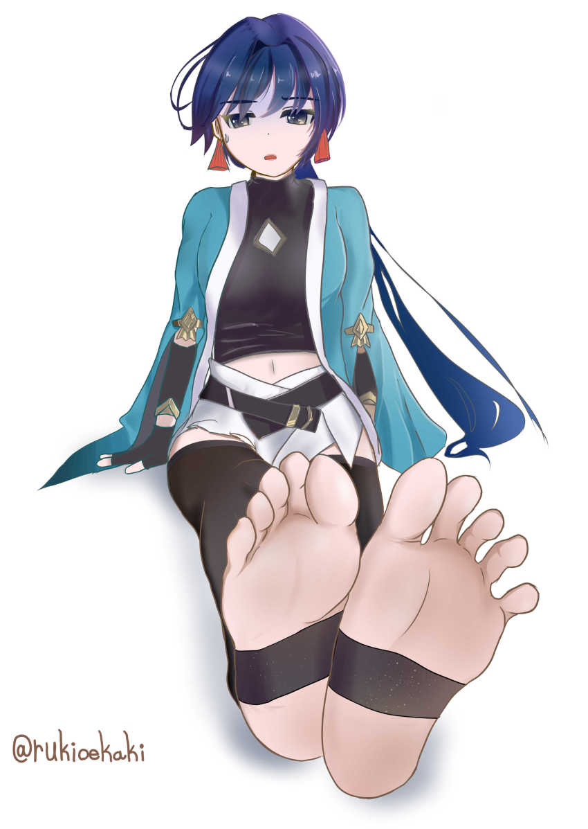 1girl, absurdres, barefoot, blue_eyes, blue_hair, dark_blue_hair, feet, fingerless_gloves, gloves, highres, iori_(smc), long_hair, looking_at_viewer, parted_lips, soles, stirrup_legwear, super_mecha_champions, toeless_legwear, toes