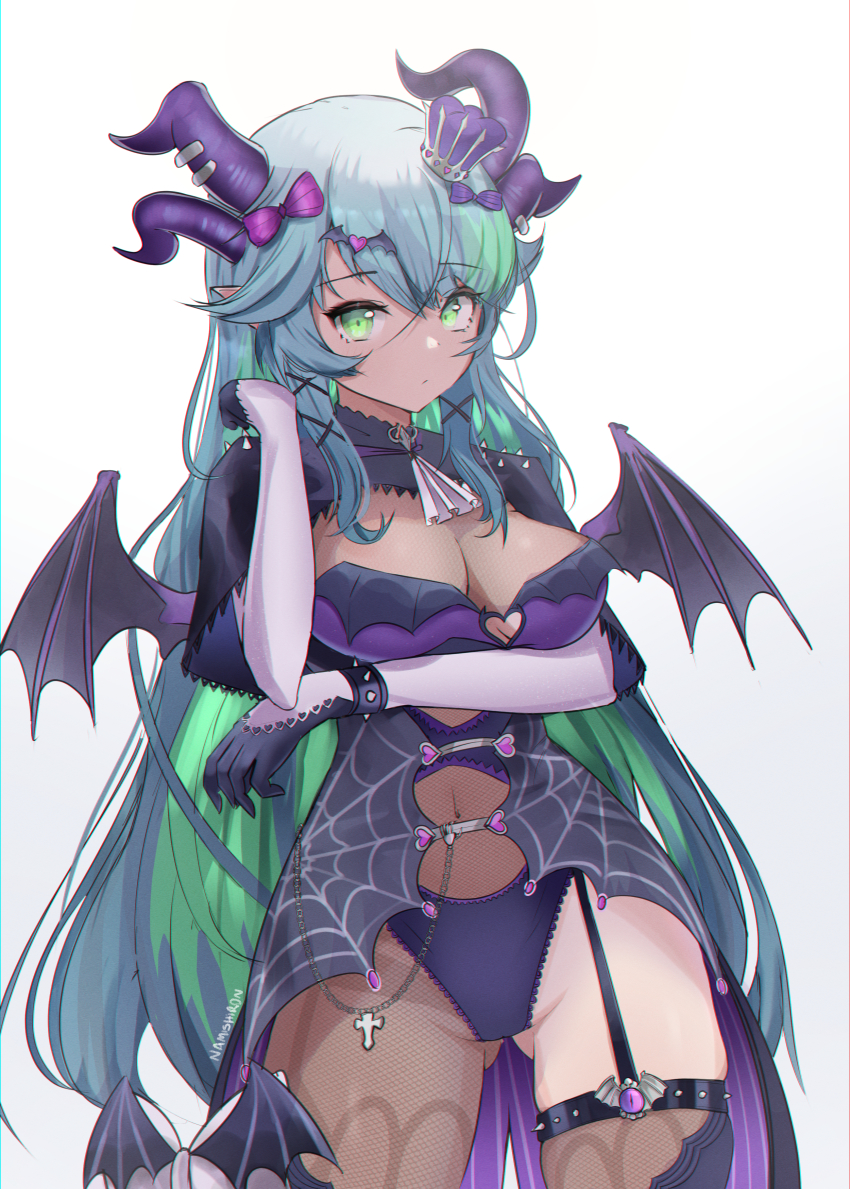 1girl, absurdres, apricot_the_lich, apricot_the_lich_(2nd_costume), blue_hair, breasts, cleavage, green_eyes