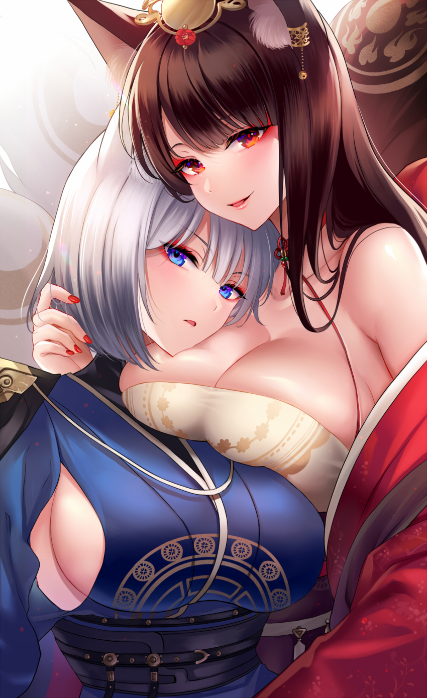 2girls, akagi_(azur_lane), akagi_(dawn_phoenix's_summons)_(azur_lane), animal_ear_fluff, animal_ears, azur_lane, bare_shoulders, blue_dress, blue_eyes, breasts, brown_hair, brown_tail, cleavage, dress, eyes_visible_through_hair, eyeshadow, fox_ears, fox_girl, fox_tail, gold_trim, highres, huge_breasts, japanese_clothes, kaga_(azur_lane), kaga_(dusk-simurgh's_vigil)_(azur_lane), kimono, kitsune, kyuubi, large_breasts, long_hair, looking_at_viewer, makeup, multiple_girls, multiple_tails, nail_polish, official_alternate_costume, open_clothes, open_kimono, orange_eyes, red_eyeshadow, red_kimono, red_nails, sideboob, skindentation, tail, tail_ornament, upper_body, white_tail, yukinimaru, yuri