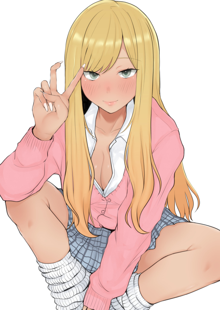 1girl, blonde_hair, blush, breasts, cardigan, cleavage, dark-skinned_female, dark_skin