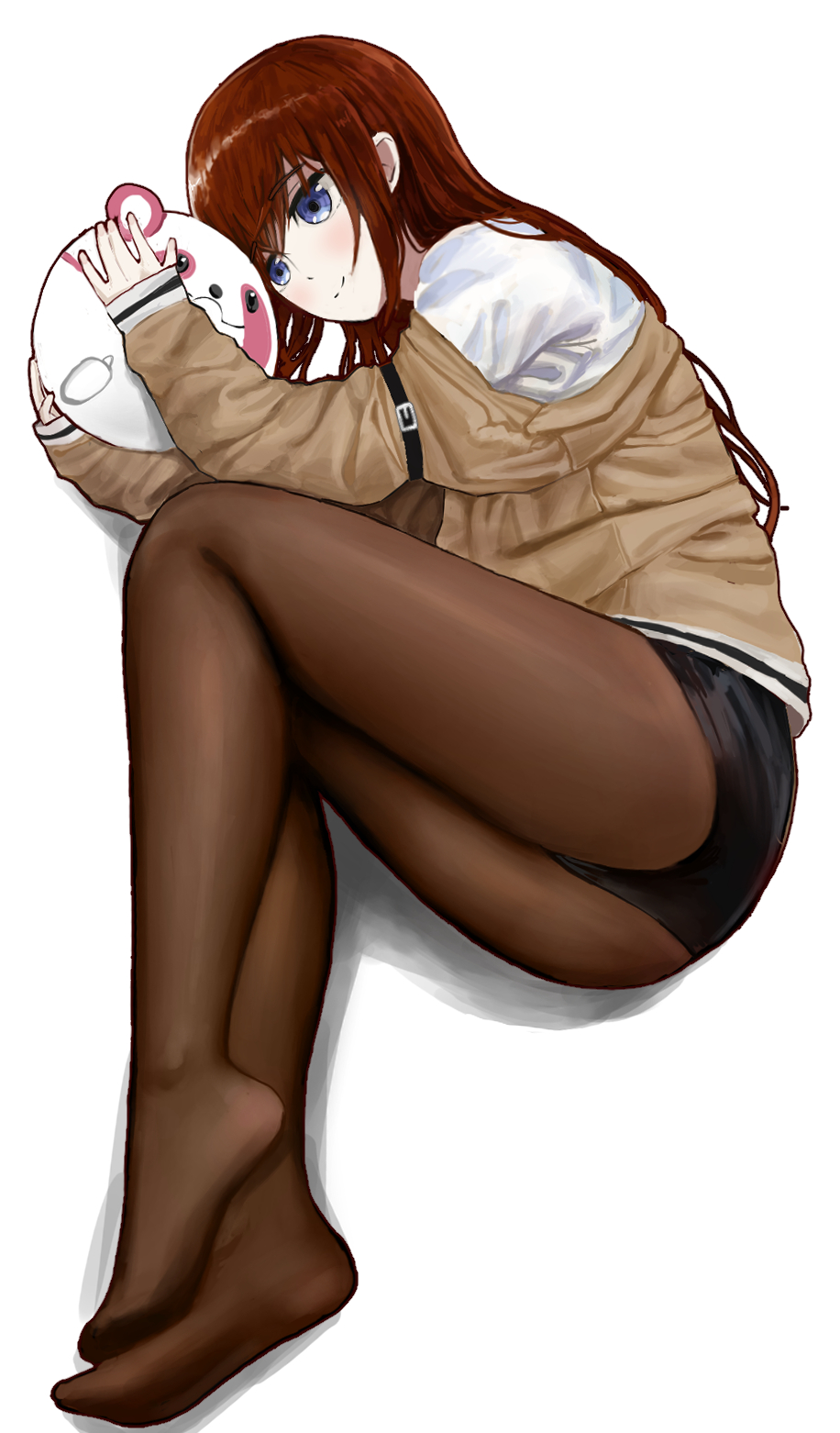 1girl, black_shorts, blue_eyes, blush, brown_hair, brown_jacket, brown_pantyhose, closed_mouth