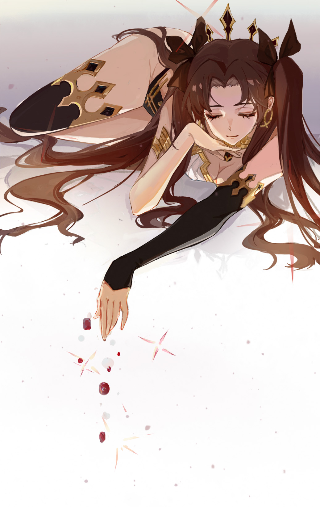 1girl, aquarzaaa, armlet, black_bow, black_panties, black_sleeves, black_thighhighs, bow