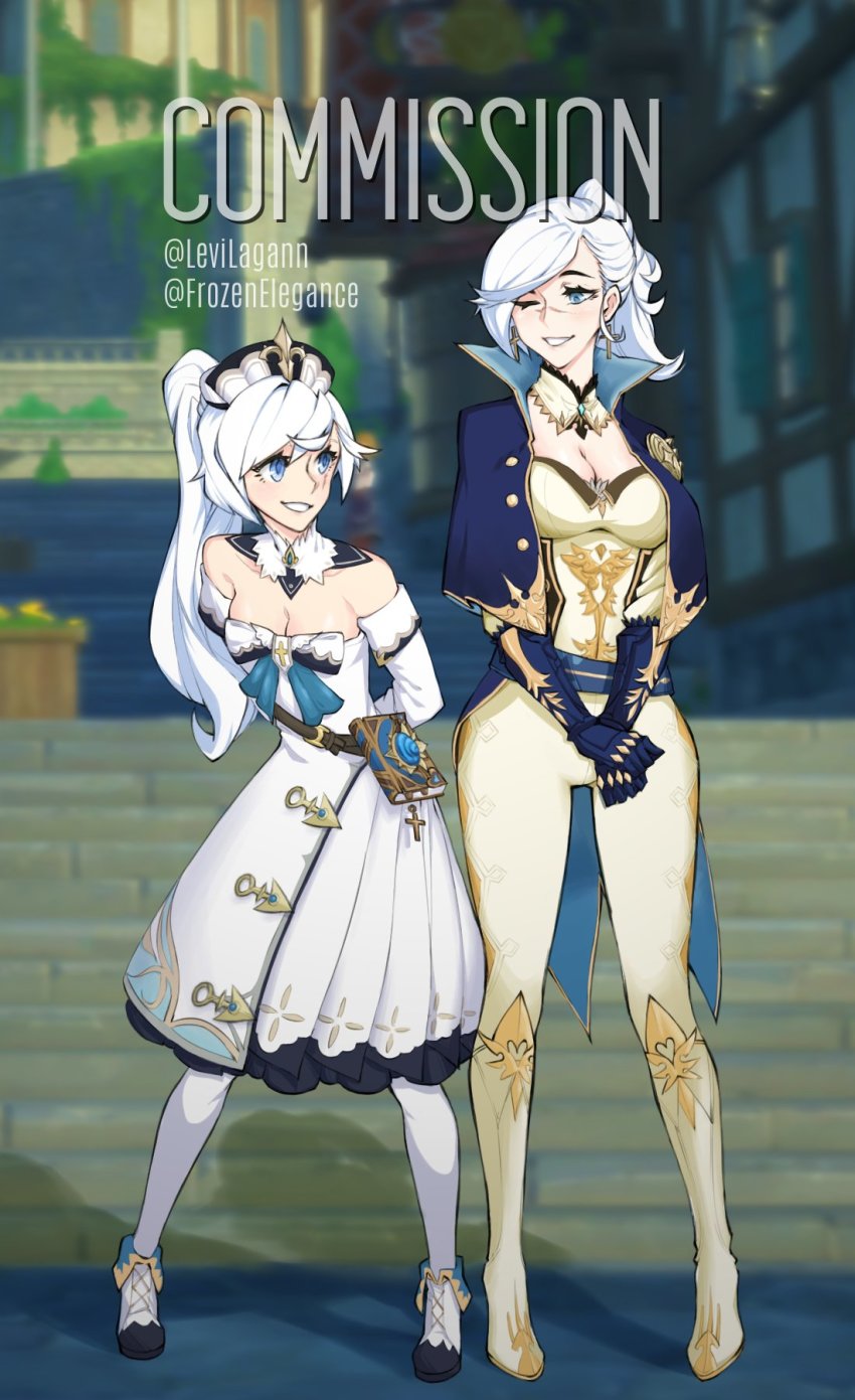 2girls, barbara_(genshin_impact), barbara_(genshin_impact)_(cosplay), blue_eyes, commission, cosplay, crossover, english_text