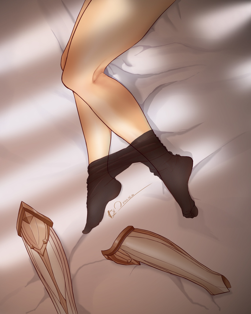 1girl, absurdres, armor, unworn_armor, bed_sheet, black_pantyhose, chinese_commentary, clothes_pull