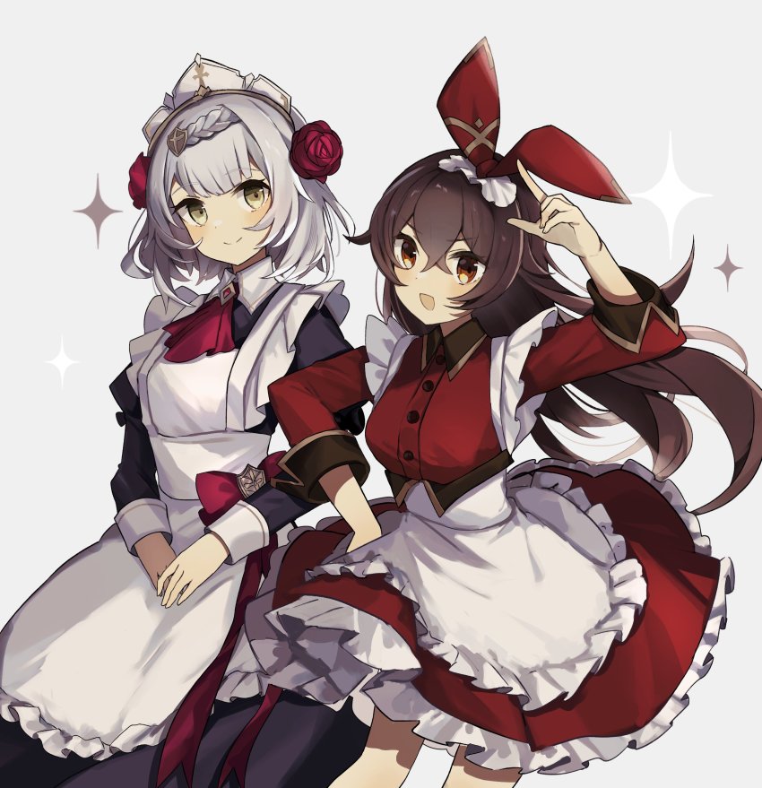 2girls, absurdres, amber_(genshin_impact), apron, braid, brown_eyes, brown_hair, flower