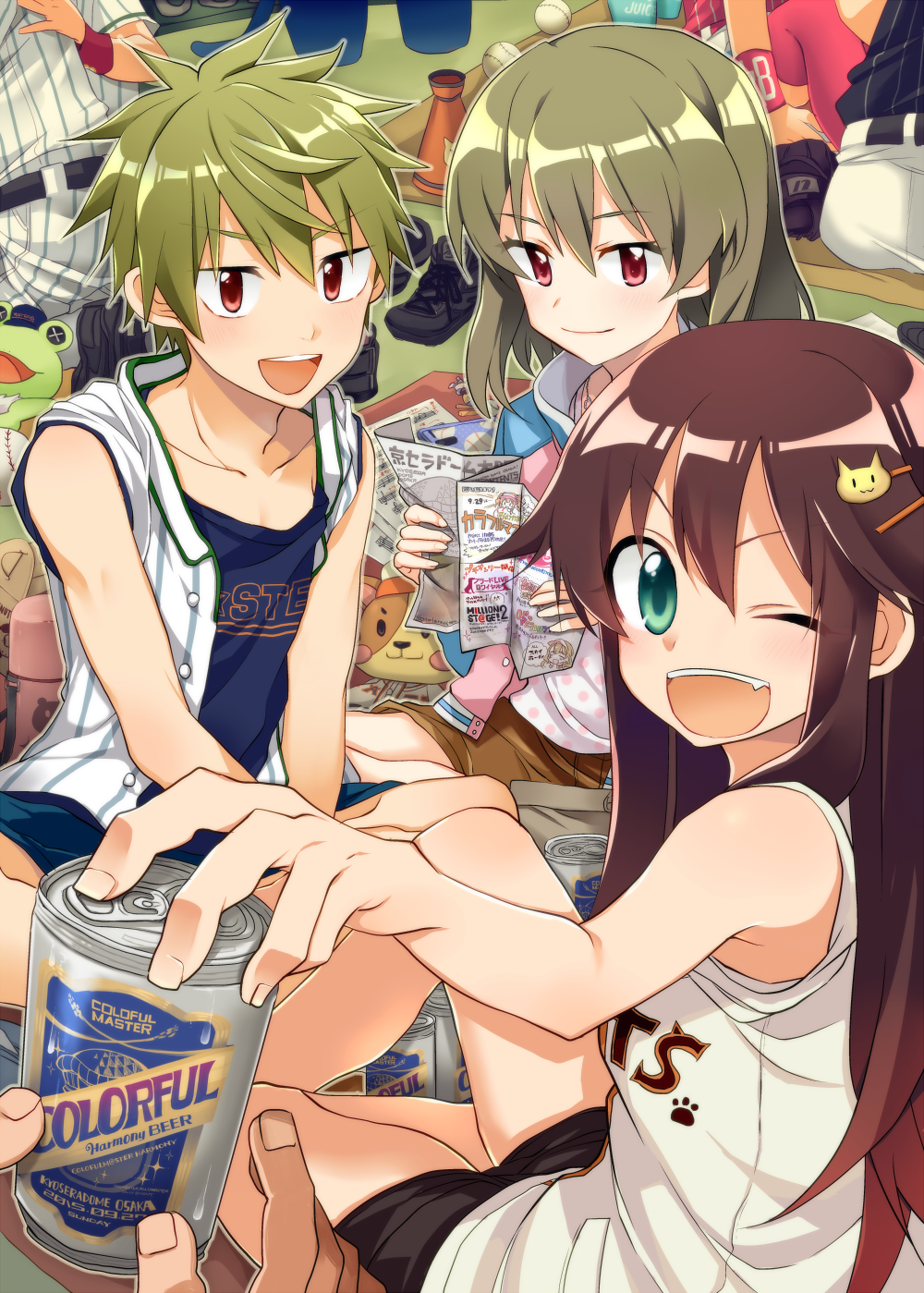 1boy, 2girls, akiyama_hayato, baseball, baseball_cap, blush, brown_hair, can