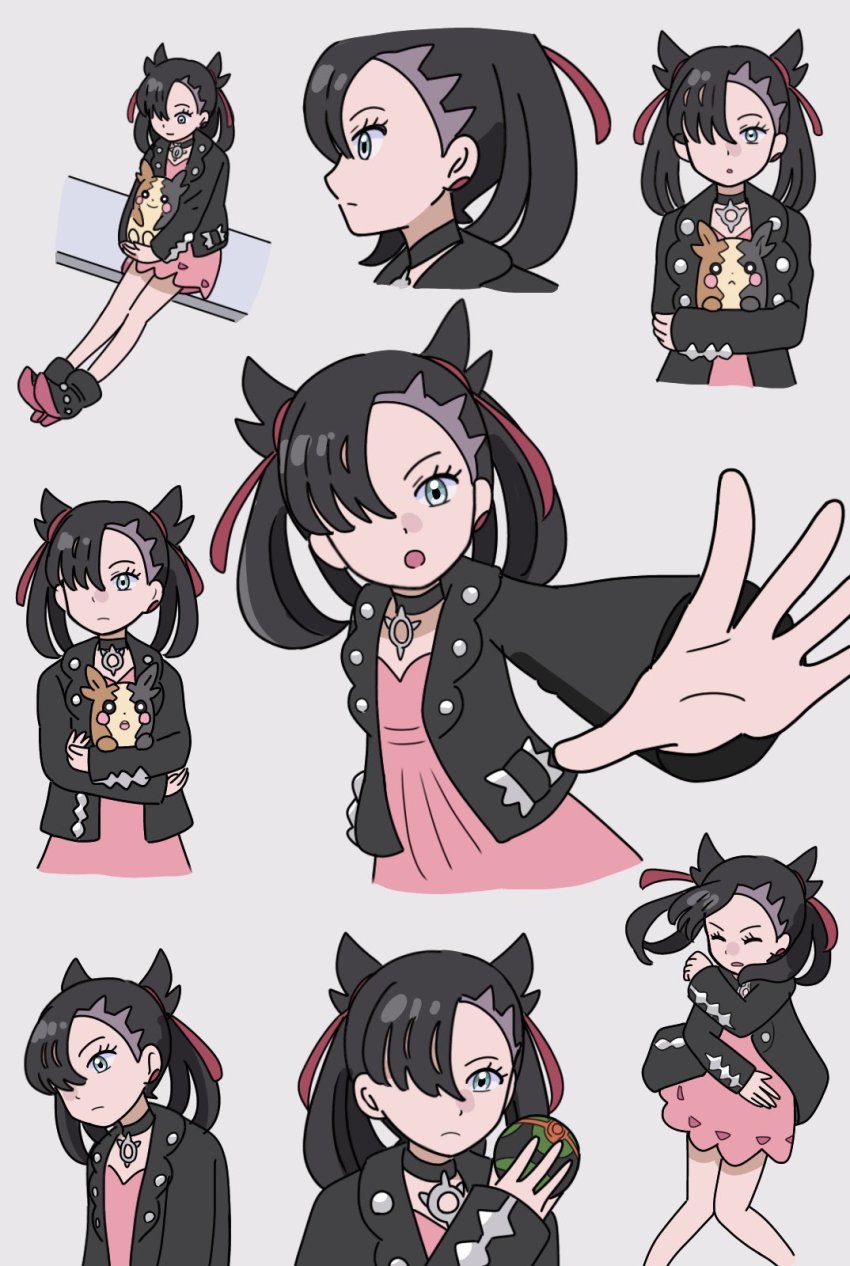 1girl, :o, ankle_boots, asymmetrical_bangs, black_choker, black_footwear, black_hair, black_jacket, boots, choker, closed_eyes, closed_mouth, commentary_request, dress, dusk_ball, eyelashes, gen_8_pokemon, green_eyes, grey_background, hair_over_one_eye, hair_ribbon, highres, holding, holding_poke_ball, holding_pokemon, jacket, marnie_(pokemon), miin_(toukotouya), morpeko, morpeko_(full), multiple_views, nintendo, open_clothes, open_jacket, outstretched_arm, pink_dress, poke_ball, pokemon, pokemon_(anime), pokemon_(creature), pokemon_journeys, red_ribbon, ribbon, sitting