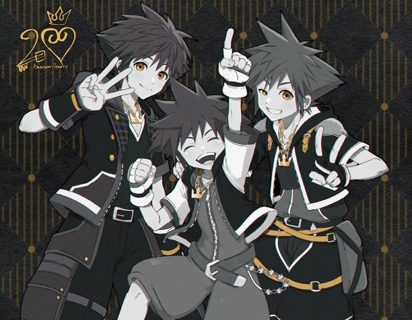 age_progression, anniversary, arm_up, armor, belt, crown_(symbol), fingerless_gloves, gloves, hood, hoodie, index_finger_raised, jacket, jewelry, kingdom_hearts, kingdom_hearts_i, kingdom_hearts_ii, kingdom_hearts_iii, loose_belt, monochrome, multiple_persona, necklace, nikumogmog, shoulder_armor, smile, sora_(kingdom_hearts), spiked_hair, spot_color, v, v-neck, zipper