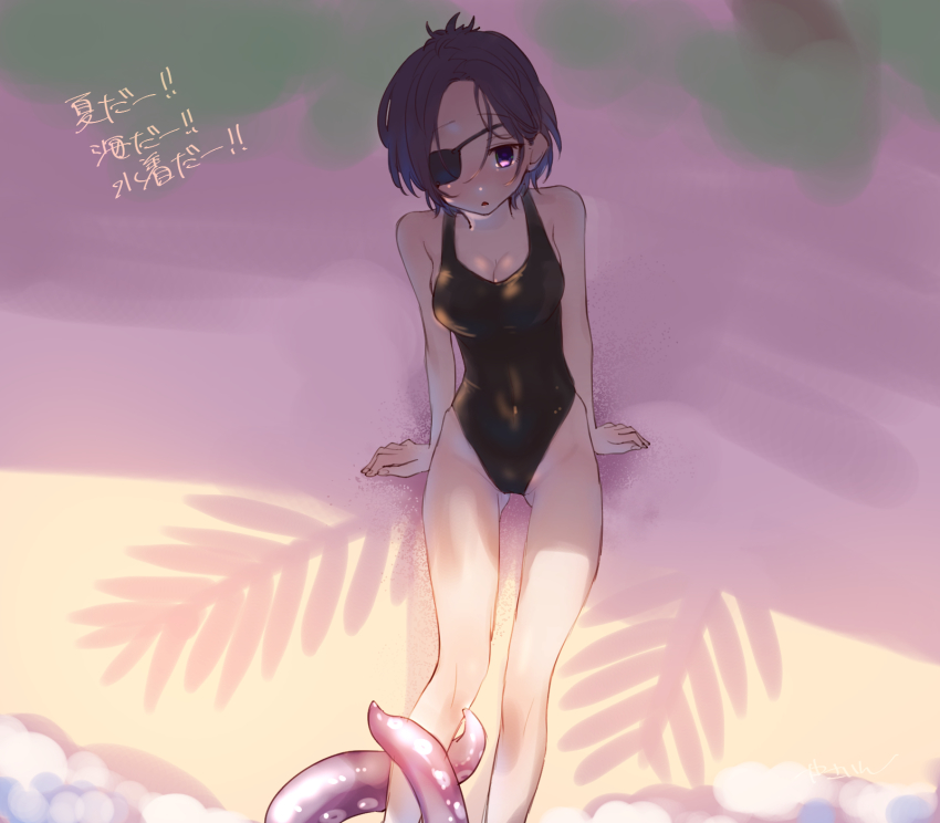 1girl, breasts, chrome_dokuro, eyepatch, groin, highres, katekyo_hitman_reborn!, one-piece_swimsuit, open_mouth, purple_eyes, purple_hair, sand, shade, short_hair, solo, sumibiya_yasain, swimsuit, tentacles, tree, water