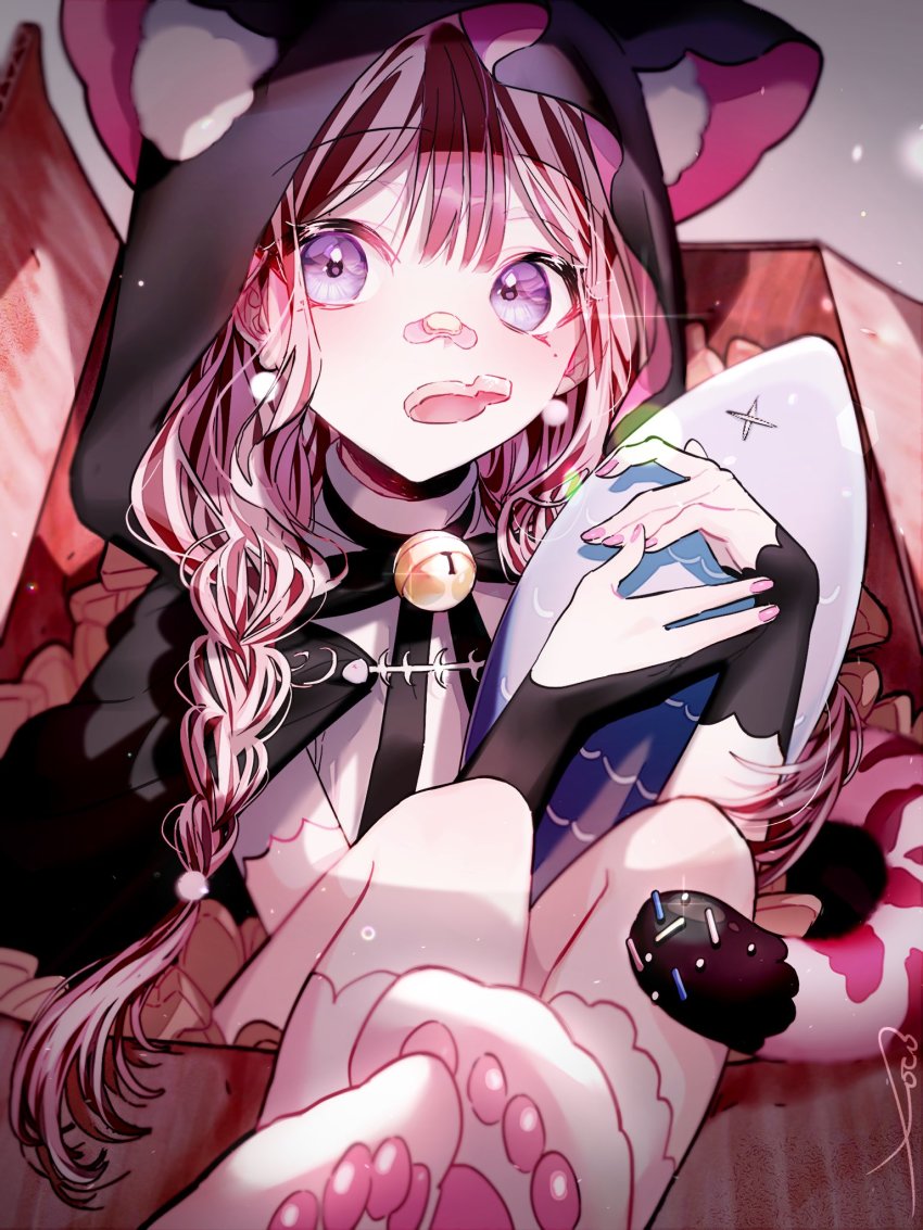 1girl, bell, black_bow, black_gloves, bow, braid, brown_hair, commentary