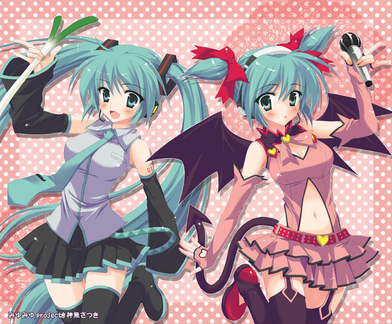 1girl, aqua_eyes, aqua_hair, bat_wings, boots, bow, detached_sleeves, dual_persona