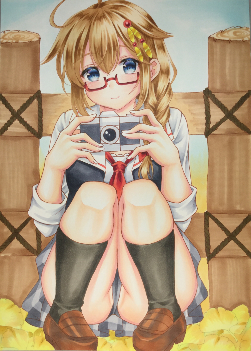 1girl, absurdres, ahoge, black_legwear, black_serafuku, braid, brown_hair, brown_shoes