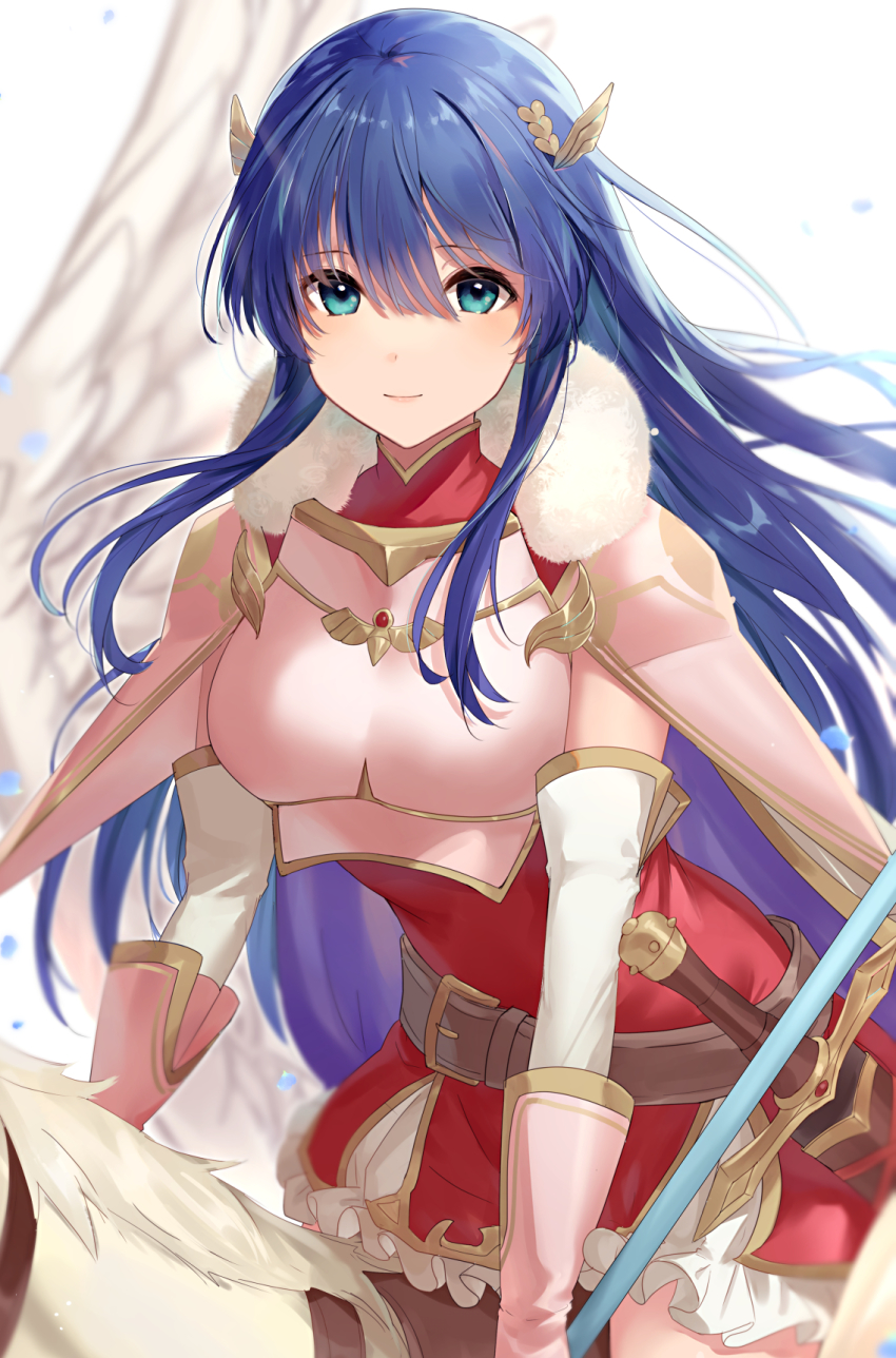 1girl, alternate_costume, armor, blue_eyes, blue_hair, caeda_(beloved_queen)_(fire_emblem), caeda_(fire_emblem), cape, dress, elbow_gloves, fire_emblem, fire_emblem_heroes, fur_trim, gloves, hair_ornament, hairclip, haru_(nakajou-28), highres, long_hair, miniskirt, nintendo, pegasus, pink_armor, red_dress, riding, shoulder_armor, skirt, sword, weapon, wings