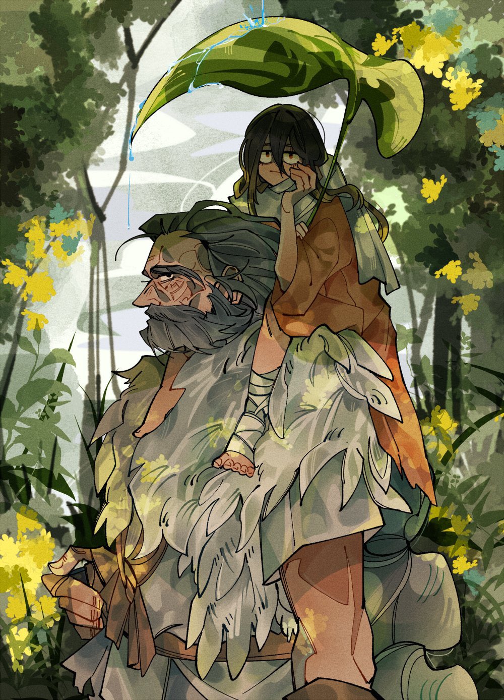 2boys, aged_down, bandaged_foot, bandages, barefoot, beard, black_eyes, black_hair