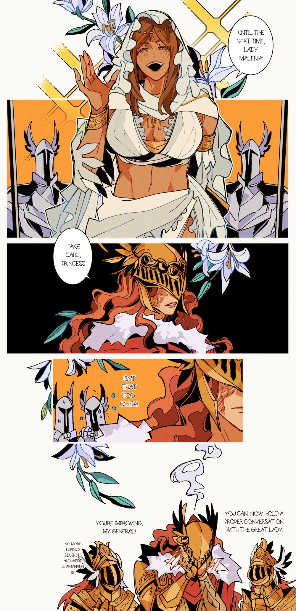 2girls, armor, breasts, brown_hair, cape, cleanrot_knight, cleavage, closed_mouth, covered_eyes, crossover, dark_souls_(series), dark_souls_i, drenched-in-sunlight, dress, elden_ring, embarrassed, helmet, helmet_over_eyes, highres, large_breasts, long_hair, looking_at_viewer, malenia_blade_of_miquella, mechanical_arms, multiple_girls, open_clothes, prosthesis, prosthetic_arm, queen_of_sunlight_gwynevere, red_cape, red_hair, silver_knight_(dark_souls), simple_background, single_mechanical_arm, smile, very_long_hair, weapon, winged_helmet, yuri