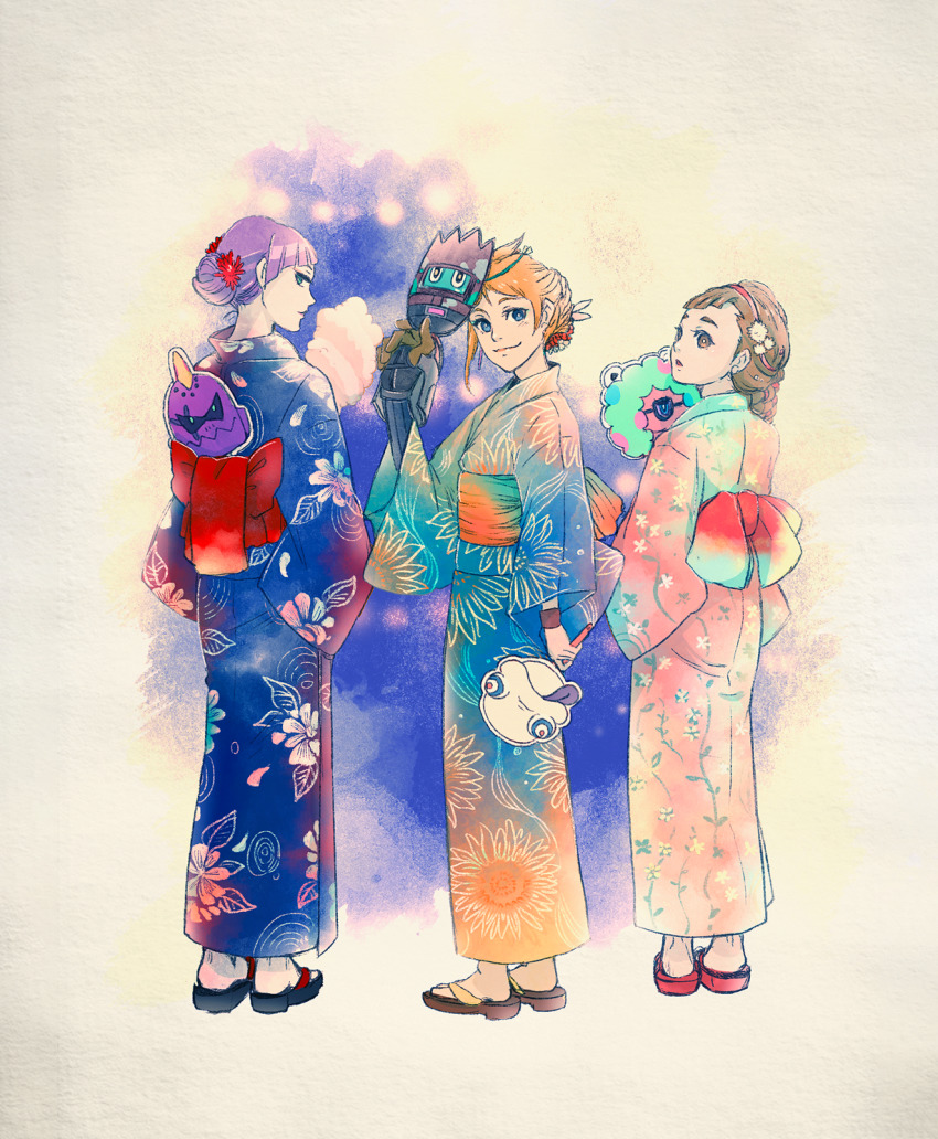 3girls, aoharuto, blonde_hair, blue_kimono, brown_hair, cotton_candy, decadence_(anime), donatello_(decadence)