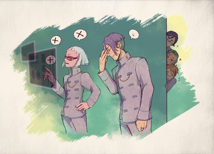 2girls, 3boys, aoharuto, blue_eyes, brown_hair, decadence_(anime), glasses, green_hair