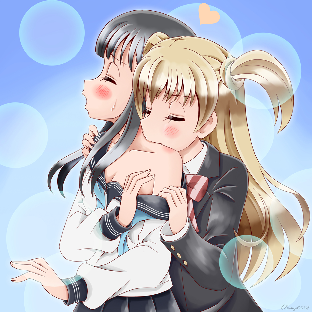 2girls, akebi-chan_no_serafuku, akebi_komichi, artist_name, black_hair, blonde_hair, blush, bow
