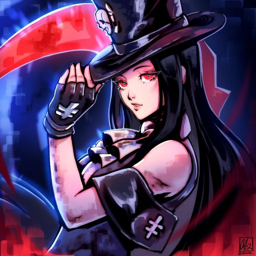 1boy, alinalal_art, androgynous, ascot, bare_shoulders, black_hair, black_headwear, eyelashes, fingerless_gloves, gloves, guilty_gear, guilty_gear_strive, hat, long_hair, looking_at_viewer, red_eyes, scythe, testament_(guilty_gear), top_hat, trap